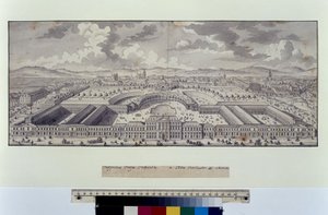 Página inteira: vista aérea em grande escala dos estábulos imperiais em direção aos subúrbios (caneta, pincel e tinta) de Salomon Kleiner
