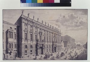Página inteira: vista oblíqua do palácio do Príncipe Eugénio de Saboia em Himmelpfortgasse (caneta, pincel e tinta) de Salomon Kleiner