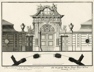 Planta baixa e alçado do portão principal do castelo inferior em Rennweg de Salomon Kleiner