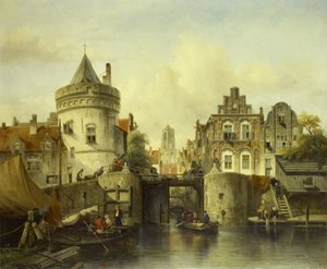 Vista imaginária baseada no Kolksluis, Amsterdã de Salomon Leonardus Verveer