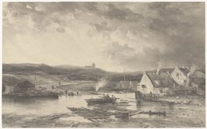 Paisagem fluvial com algumas casas e um moinho de água de Salomon Leonardus Verveer