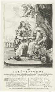 Frase para a paz de Westminster, 1654 No Vree-Verbondt, Fechado entre o Alto: Moog: Heeren Staten der Vereenighde Nederland, ende Republikcke van Englandt. Geteeckent den 15 van Gras-maant, 1654 (título no objeto) de Salomon Pietersz. Lachair