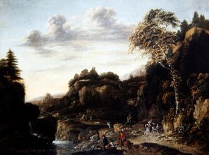 Wooded Landscape with Stag Hunt by a River, c.1690 (óleo sobre tela)