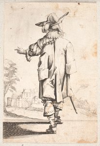 Cavalier visto de costas: Gestos com a mão esquerda. Usa capa e chapéu emplumado. Cidade murada e portão além de Salomon Savery