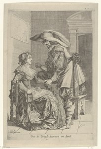 O homem oferece a uma mulher uma moeda Dats de Bruydt daermen om danst (título no objeto) de Salomon Savery