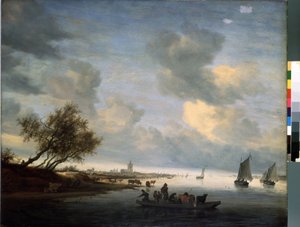 Ferry a Arnhem (Ferry em Arnhem) (Pays Bas). Peinture de Salomon Jacobsz (Jacob) Van Ruysdael (Ruisdael) (1600 ou 1603-1670). Huile sur bois, 89 x 116 cm de Salomon van Ruisdael or Ruysdael