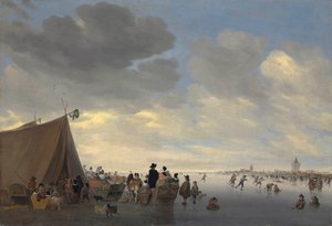 Patinadores no rio congelado Lek, a cidade de Vianen além, 1653