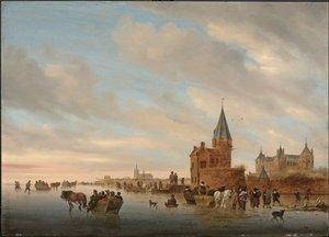 Paisagem de inverno com prazeres de gelo na frente de um capricho da cidade de Arnheim, 1652 de Salomon van Ruisdael or Ruysdael