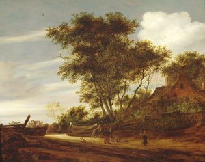 Paisagem arborizada com crianças brincando na estrada por uma casa de campo, 1658