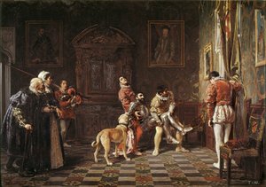 “" Regresso do torneio "" Um jovem cavaleiro magoa é trazido de volta ao palácio, apoiado por duas páginas. Pintura de Salvador Martinez Cubells (1845-1914) 1881 Valencia. Museu de Bellas Artes San Pio