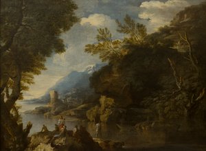 Paisagem com figuras e barcos, c.1635-73 (óleo sobre tela) de Salvator (follower of) Rosa
