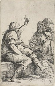 Um velho barbudo sentado em uma pedra e fazendo um gesto de exortação para três homens em frente a ele, da série Figurine de Salvator Rosa