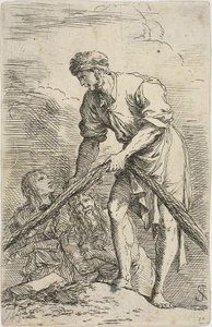 Um homem puxando uma rede, com duas figuras atrás dele, da série Figurine de Salvator Rosa