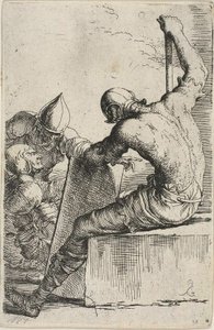 Um guerreiro, sentado em um bloco em primeiro plano, segura um escudo e um cajado e se vira para dois guerreiros atrás dele, da série Figurine de Salvator Rosa