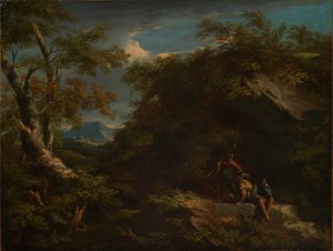 Paisagem florestal montanhosa com guerreiros em repouso de Salvator Rosa