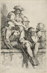 Quatro guerreiros e um jovem de pé, que aponta para um deles, da série Figurine de Salvator Rosa