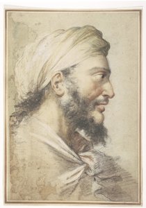 Cabeça de um homem barbudo de perfil à direita usando um turbante de Salvator Rosa