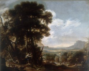 Hermina esculpe o nome Tancredi em uma árvore, obra de Salvatore Rosa, conservada na Galleria Estense em Modena de Salvator Rosa