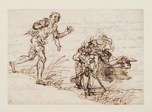 Mercúrio e o Lenhador Desonesto (frente), c.1655-1659 (caneta e tinta castanha sobre papel vegetal) de Salvator Rosa