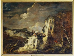 Paisagem rochosa com um caçador e guerreiros - Uma paisagem rochosa ... de Salvator Rosa