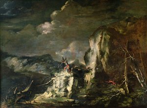 Paisagem rochosa com um caçador e guerreiros de Salvator Rosa