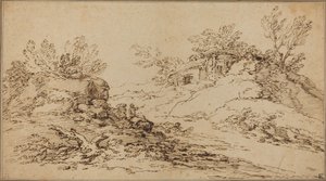 Paisagem rochosa com casa rústica de Salvator Rosa