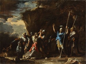 Cena da história grega: o filho surdo-mudo do rei Creso impede os persas de matarem o seu pai de Salvator Rosa