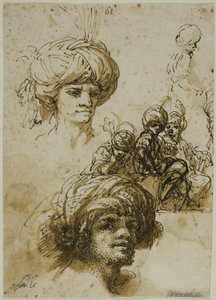 Esboços de homens turbinados (anverso); Fragmento de uma figura e esboços de ornamentos arquitectónicos folheados (verso) de Salvator Rosa