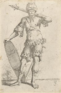 Guerreiro exótico permanente vestindo um boné de cabeça de leão, segurando um maça e escudo, c. 1656-57 (gravura em papel de Salvator Rosa