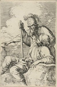 Três Guerreiros, um sentado em uma rocha em primeiro plano segurando um cajado; o segundo de pé atrás dele e apontando, o terceiro visto como um rosto atrás deles, da série Figurine de Salvator Rosa