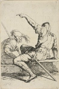 Dois guerreiros sentados em rochas baixas de Salvator Rosa