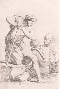 Dois homens sentados e outro homem segurando um cajado ajoelhado sobre uma rocha, da seri..., ca. 1656-1657. de Salvator Rosa