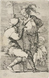 Dois guerreiros, um segurando uma espada, o outro uma alabarda; um velho barbudo atrás deles, de Figurine de Salvator Rosa