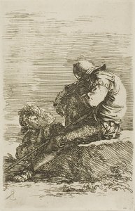 Dois guerreiros, um deles sentado a dormir numa rocha em primeiro plano, da série Figurinhas de Salvator Rosa