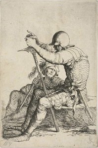 Dois guerreiros, um sentado em uma rocha baixa em primeiro plano e segurando um martelo de guerra; a outra figura sentada no chão atrás dele, segurando uma maça em seu ombro direito e olhando para a figura em primeiro plano, da série Figurine de Salvator Rosa