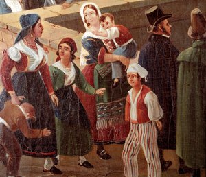 Fatos tradicionais napolitanos: pessoas comuns Detalhe de uma pintura de Salvatore Fergola (1799-1877) 1859 Museo Nazionale di San Martino Nápoles