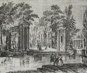 Anfiteatro na ilha de Lazienki Park, Varsóvia, Polónia, litografia de Salvatore Puglia de Poliorama Pittoresco, n 51, 30 de Julho