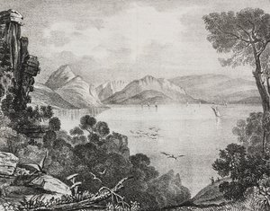 Ruínas antigas consideradas as do palácio de Ulisses na ilha de Calipso, ilha de Corcyra (hoje Corfu), Ilhas Jónicas, Grécia, litografia de Salvatore Puglia de Poliorama Pittoresco, n 22, 4 de Janeiro