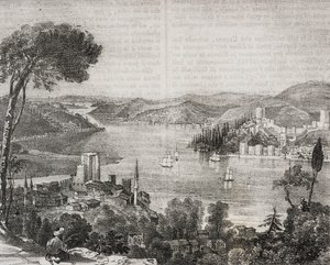 Castelos de Bósforo nas costas da Ásia e Europa, Turquia, litografia de Gaetano Riccio de Poliorama Pittoresco, n 18, 9 de Dezembro de Salvatore Puglia