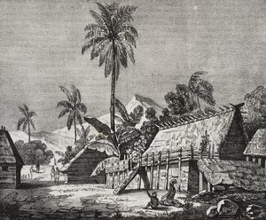 Casa da Rainha da Ilha de Noukahiva (hoje Nuku Hiva), Ilhas Marquesas, Polinésia Francesa, litografia de Salvatore Puglia de Poliorama Pittoresco, n 37, 22 de Abril de Salvatore Puglia