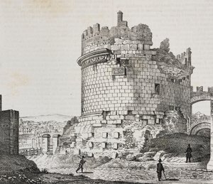 Mausoléu de Cecilia Metella na Via Appia, Roma, Lazio, Itália, litografia de Salvatore Puglia de Poliorama Pittoresco, n 20, 21 de Dezembro de Salvatore Puglia