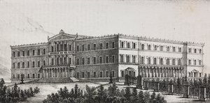 Palácio Real em Atenas, Grécia, litografia de Salvatore Puglia de Poliorama Pittoresco, n 5, 9 de Setembro de Salvatore Puglia