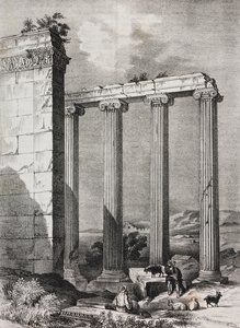 Ruínas do templo iónico Tchavdere, Ásia Menor, litografia de Salvatore Puglia de Poliorama Pittoresco, n 37, 19 de Abril de Salvatore Puglia