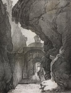 Santuário da Santíssima Trindade ou Santuário da Montanha Split, Gaeta, Lácio, Itália, litografia de Salvatore Puglia de Poliorama Pittoresco, n 43, 1 de Junho