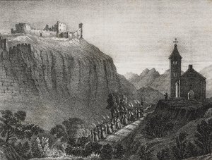 Viagem a Cappelluccia, cena da Lanterna Mágica, colecção de histórias e imagens, litografia de Salvatore Puglia de Poliorama Pittoresco, n 41, 17 de Maio de Salvatore Puglia