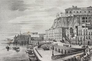 Vista de Borgo Santa Lucia, Nápoles, Campania, Itália, litografia de Salvatore Puglia de Poliorama Pittoresco, n 36, 15 de Abril de Salvatore Puglia