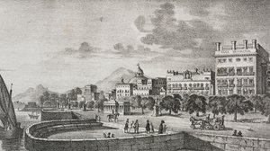 Vista do fórum Bourbon e do hotel Trinacria, Palermo, Sicília, Itália, litografia de Salvatore Puglia depois de gravada por Di Giovanni de Poliorama Pittoresco, n 37, 19 de Abril