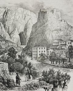 Vista de Fontaine-de-Vaucluse, França, litografia de Sardi de Poliorama Pittoresco, n 51, 30 de Julho de Salvatore Puglia