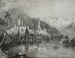 Vista de Thun, Cantão de Berna, Suíça, litografia de Salvatore Puglia de Poliorama Pittoresco, n 35, 9 de Abril de Salvatore Puglia