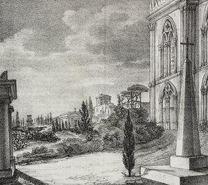 Vista do cemitério do convento gótico, Nápoles, Campânia, Itália, litografia de Salvatore Puglia de Poliorama Pittoresco, n 34, 1 de Abril de Salvatore Puglia